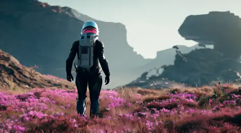 a photo of death stranding scenery, scifi style,anatomically correct human male figure in astronaut suit in field,helmet glowing...