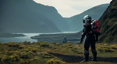 a photo of death stranding scenery, scifi style,anatomically correct human male figure in astronaut suit in field,helmet glowing pink, dynamic lighting, atmosphere lighting, hyper detail features, ray tracing, high flare, 3D, cinematic lighting, dark shado...