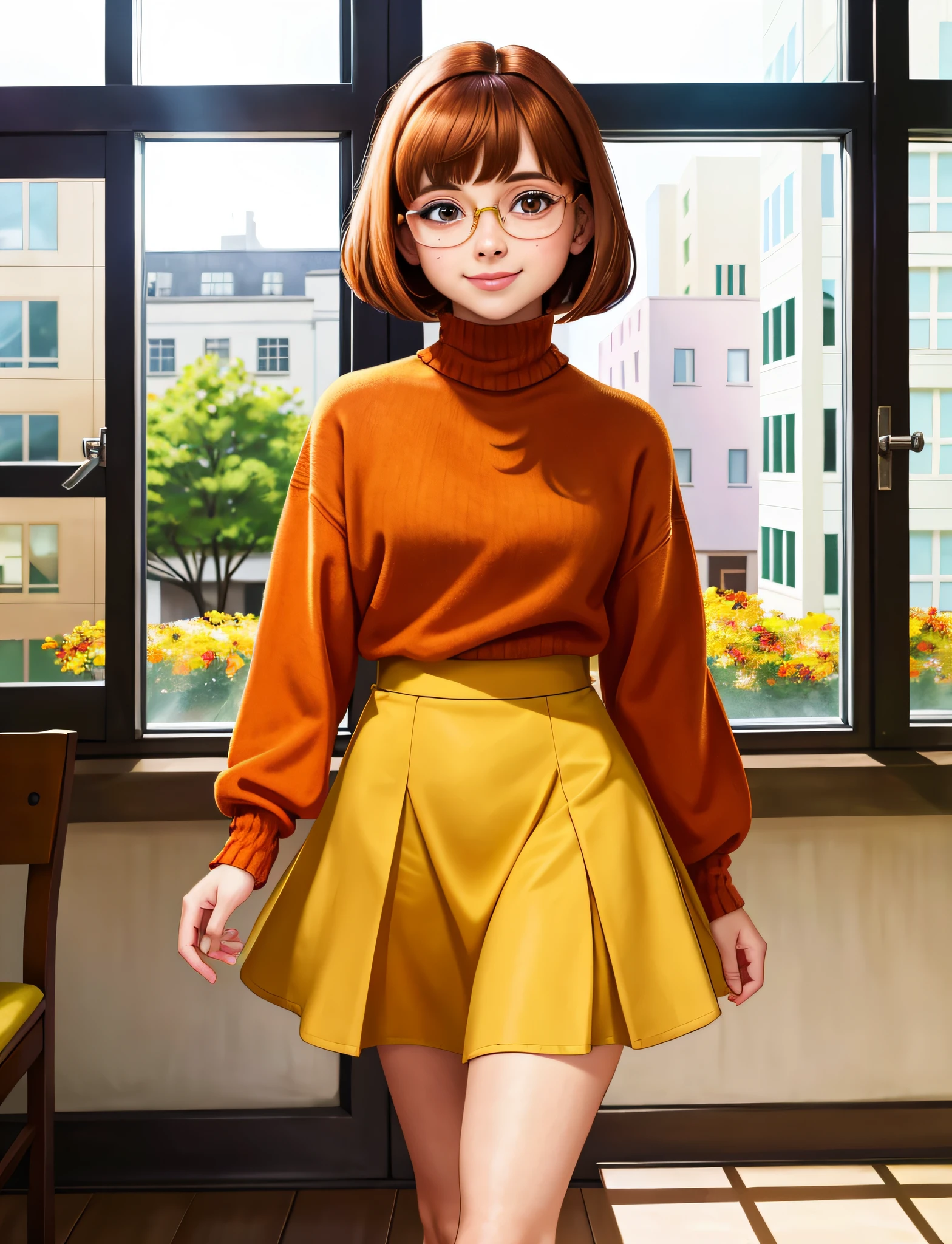 (AS-Jeune) Velma Dace Dinkley, brun skirt (chaussures mary jane) 1girl brun_yeux, brun_cheveux, taches de rousseur, lunettes regardant_à_téléspectateur, nez, orange_chemise, orange_sweàer, court_cheveux, sourire, sweàer, col roulé, col roulé_sweàer, quartier résidentiel trottoir piétonnier (chef-d&#39;œuvre:1.2) lumière du matin brillante passant par la fenêtre (photoréaliste:1.2) (bokeh) (meilleure qualité) (peau détaillée:1.3) (intricàe details) (8k) (cinemàic lighting) (netteté)