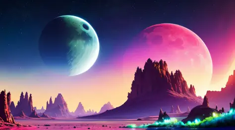 A lush alien landscape on a ringed planet with a moon in the sky, vivid colorful clouds, strange, sci-fi, ray tracing, detailed ...