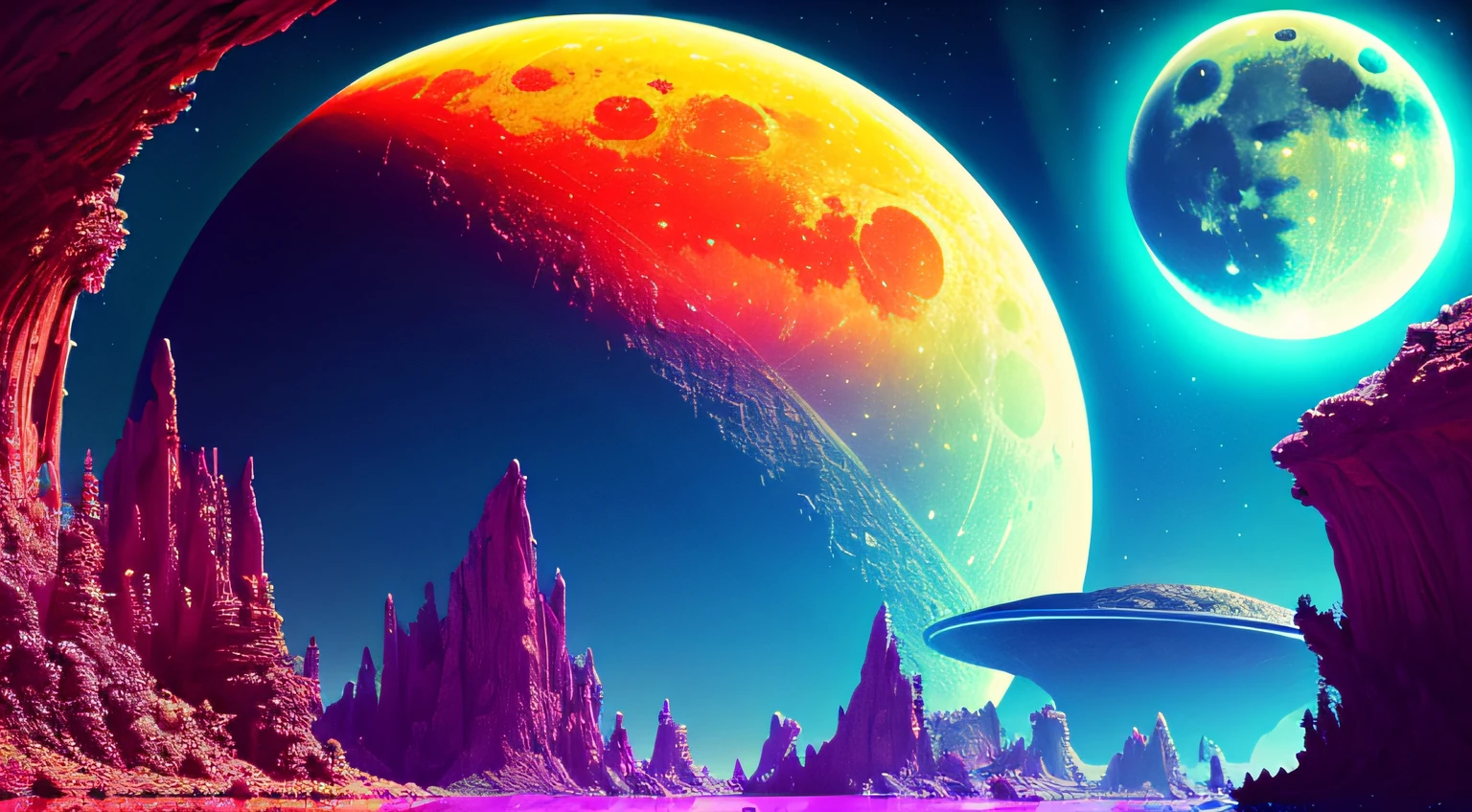 Un paysage extraterrestre luxuriant sur une planète aux anneaux avec une lune dans le ciel, nuages aux couleurs vives, étrange, science-fiction, Tracé laser, détaillé reflections, complexe, Détails élevés, Spectaculaire, chef-d&#39;œuvre de la meilleure qualité, Photoréaliste, détaillé, 8k, HDR, rétroéclairage, floraison, la lumière scintille, aberration chromatique, netteté