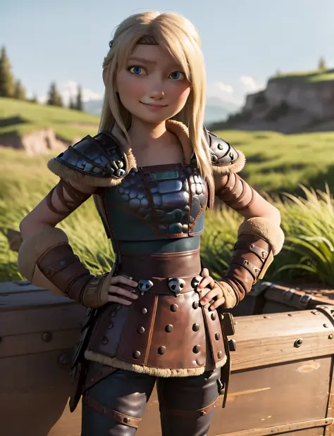 (masterpiece, best quality:1.2), cowboy shot, solo, 1girl, astrid hofferson, smile, closed mouth, looking at viewer, hand on hip...