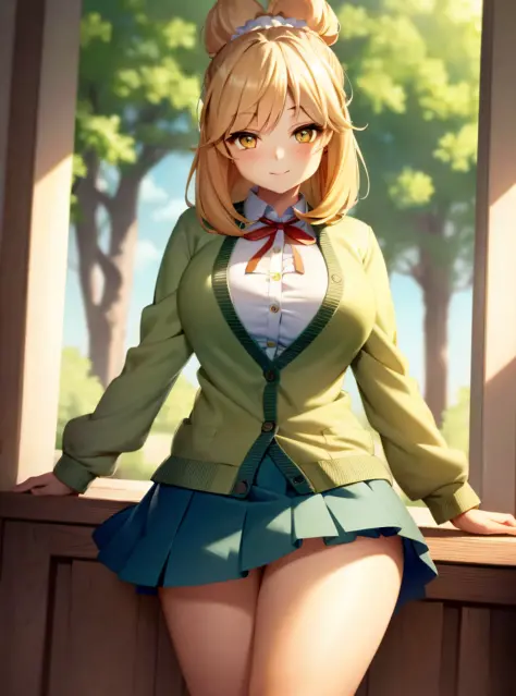 masterpiece:1.2, best quality, isacrossing, topknot, green cardigan, white shirt, blue skirt, red ribbon, female, forest, giving flower, centered, looking at viewer smiling, human, anime girl, yellow eyes , large breast