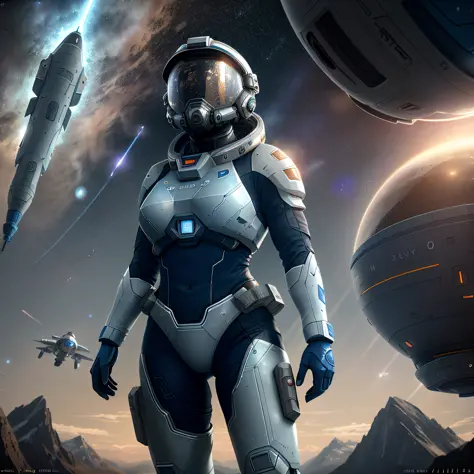 Very detailed RAW color photo, aerial view, full body, (female astronaut in a blue and white spacesuit, futuristic helmet, mask, respirator), female astronaut suspended in the air, sky, (science fiction), mountains (two satellites), sky: 0.8), (very detail...