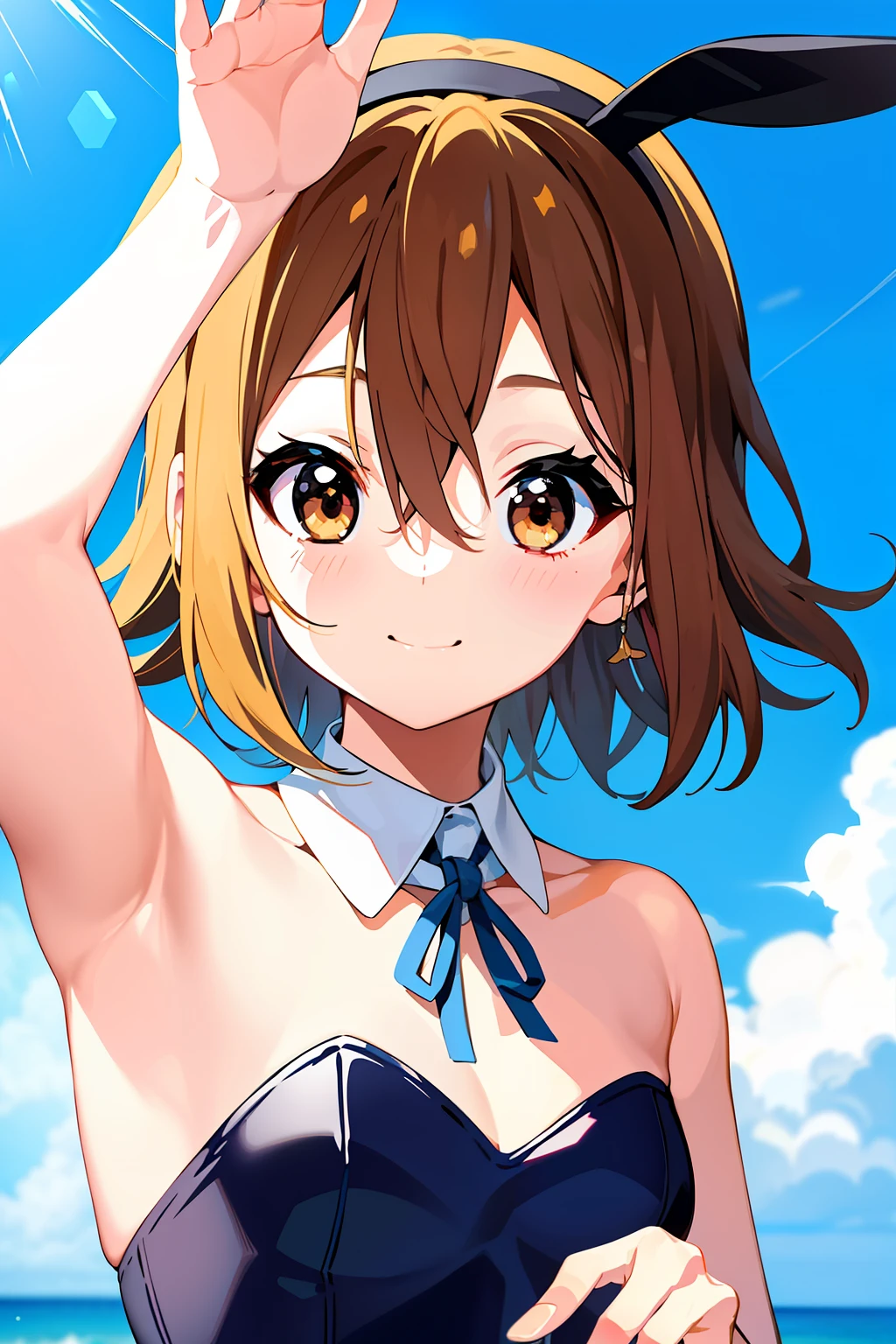 (masterpiece, best quality: 1.2), Solo, 1girl, Tainaka Ritsu, Smile, Mouth closed, Looking at the viewer, Hair ribbon, Blue collar ribbon, k-on, animal ears, arm up, brown eyes, medium hair, strapless leotard, playboy bunny,anime style