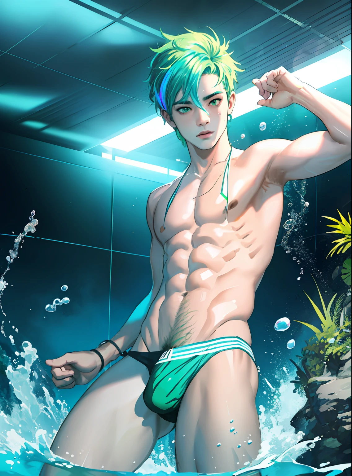 Anime guy in a swim suit posing in a pool - SeaArt AI