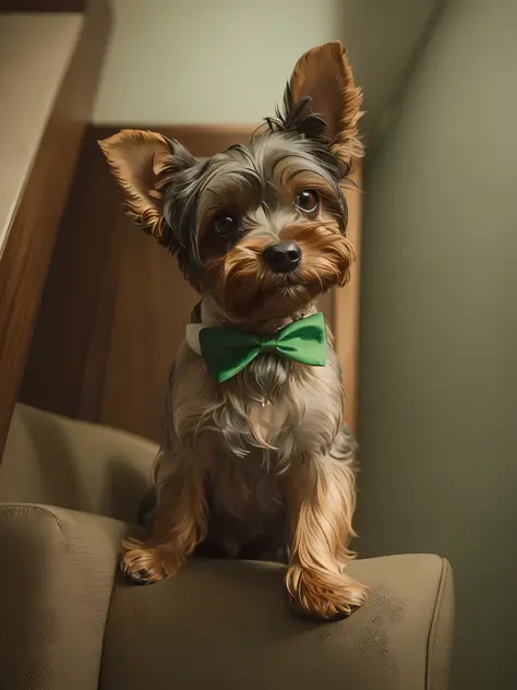 there is a small dog sitting on a couch with a bow tie, green suit and bowtie, yorkshire terrier, he looks very sophisticated, bowtie, bow tie, a handsome, looking heckin cool and stylish, looking straight to camera, looking straight to the camera, looking...