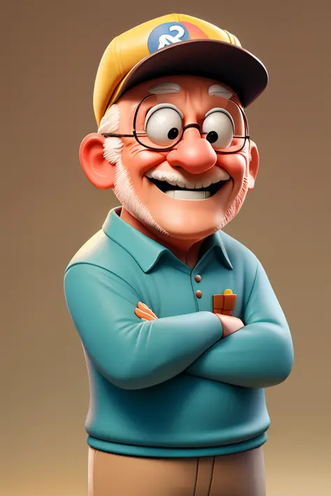 A happy grandpa, portrait, wearing cap, no background, cartoon, pixar style, 3d, looking at the camera, cartoons, detailed face, asymmetrical, upper body