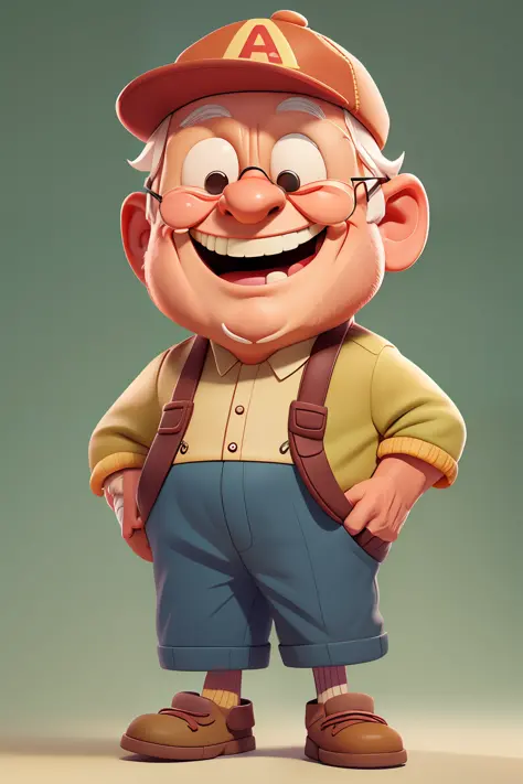 A happy grandpa, portrait, wearing cap, no background, cartoon, pixar style, 3d, looking at the camera, cartoons, detailed face, asymmetrical, upper body