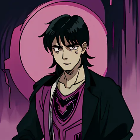 beautiful young man, black hair, crying sngue, pink gothic scenery, vintage anime, 80's, dark academy context, dark fantasy