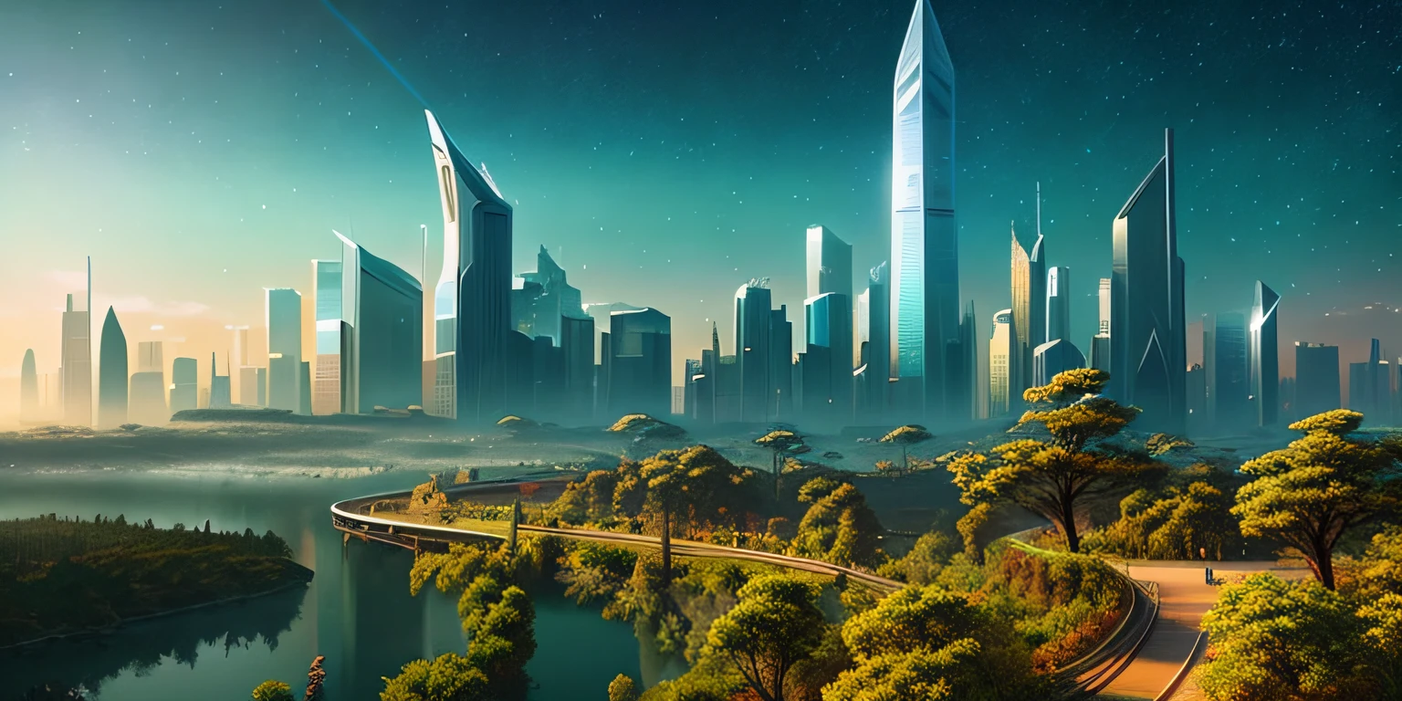 a beautiful landscape of an alien planet with a massive highly technological city with tall skyscrapers with a backdrop of stars and planets, digital illustration, (masterpiece), (high quality), best quality, high quality, extremely detailed CG unity 8k wallpaper, award winning photography, Bokeh, Depth of Field, HDR, bloom, Chromatic Aberration ,Photorealistic,extremely detailed, trending on artstation, trending on CGsociety, Intricate, High Detail, dramatic, art by midjourney