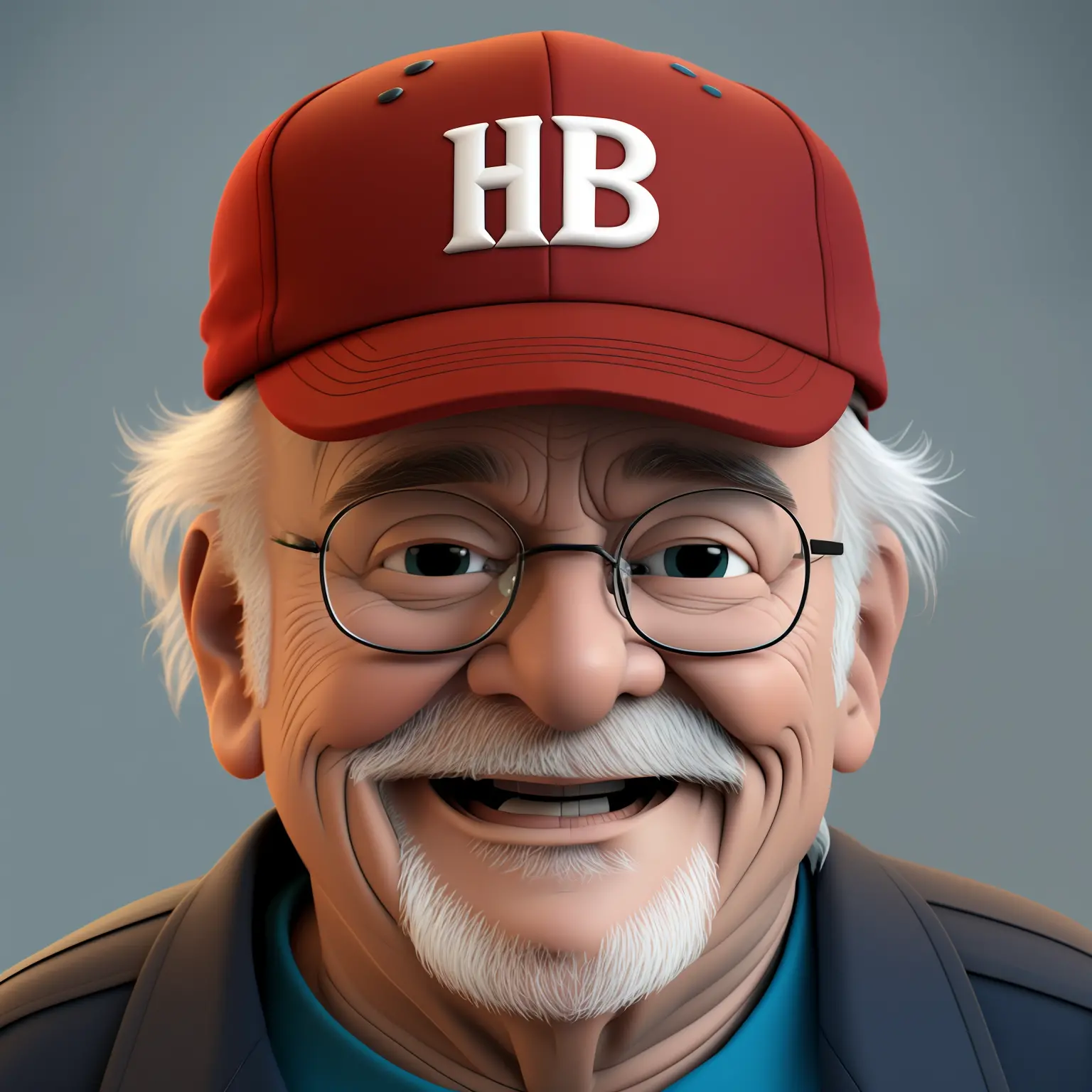 a happy grandpa, portrait, wearing cap, no background, cartoon, pixar style, 3d, looking at the camera, cartoons, detailed face,...