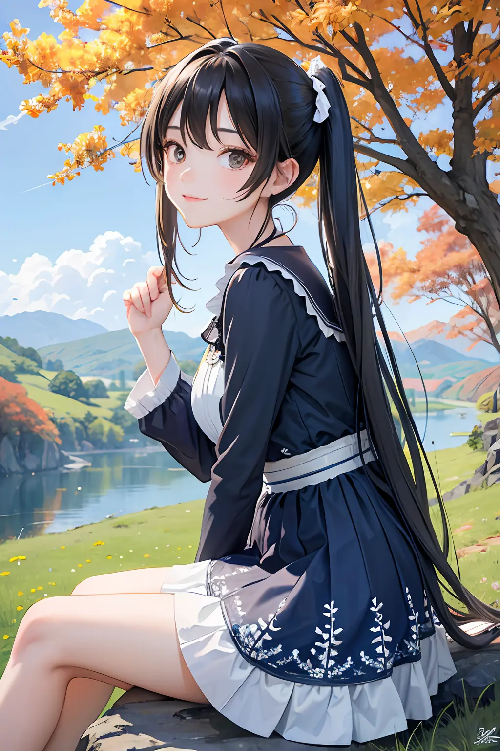 masterpiece, best quality, (grainy:0.7), intricate detail, sharp, perfect anatomy, finely detailed, bloom, noon, vivid colors
BREAK
cute girl, watching birds, leaning on hand, detailed eyes, from side, sitting on rock, twintails, detailed trees, autumn, gr...