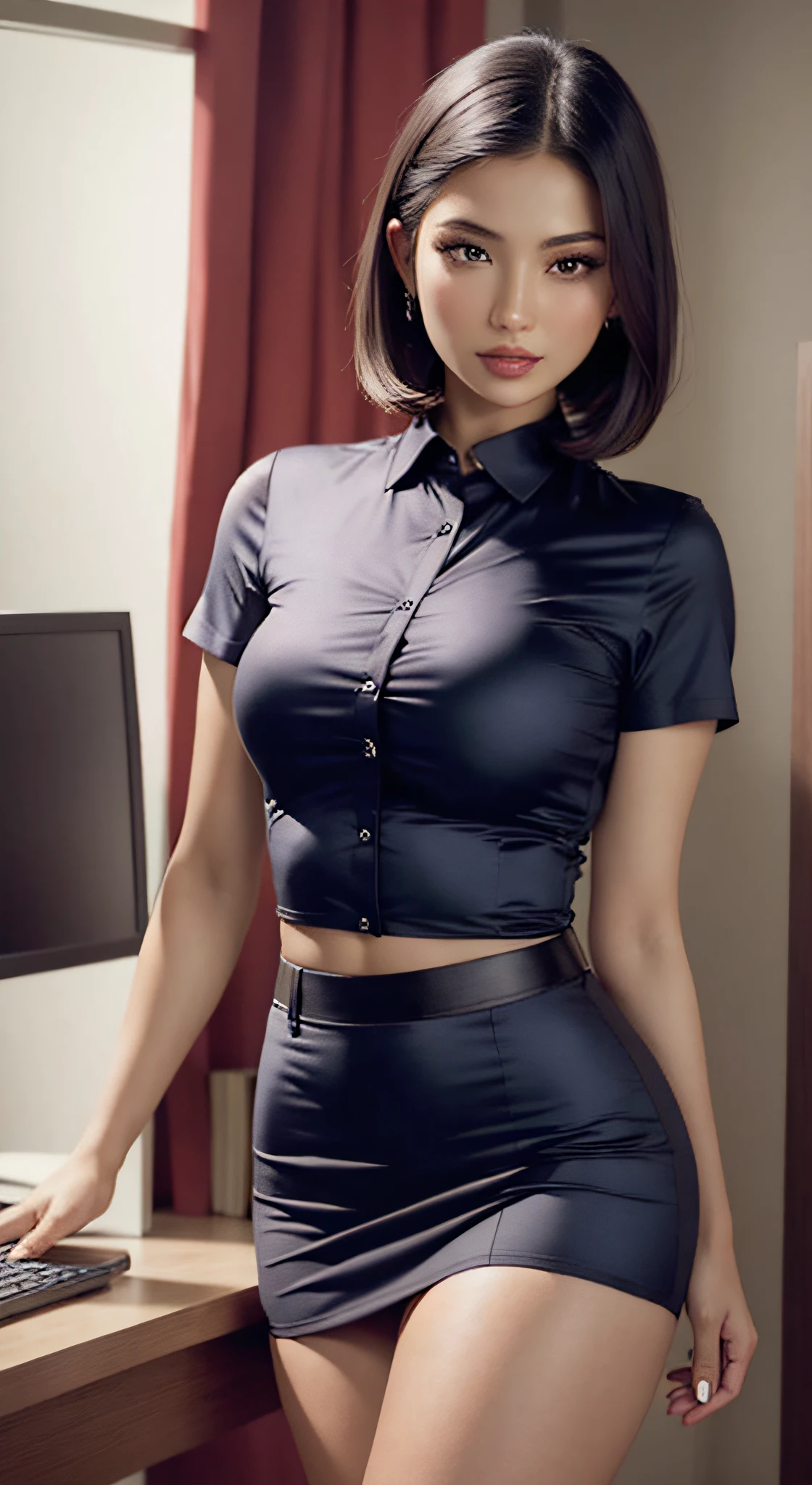 seductive modern uzbek model, wearing tight office shirt and short skirt, perfect body, busty, smooth skin, short hair, realistic ray light