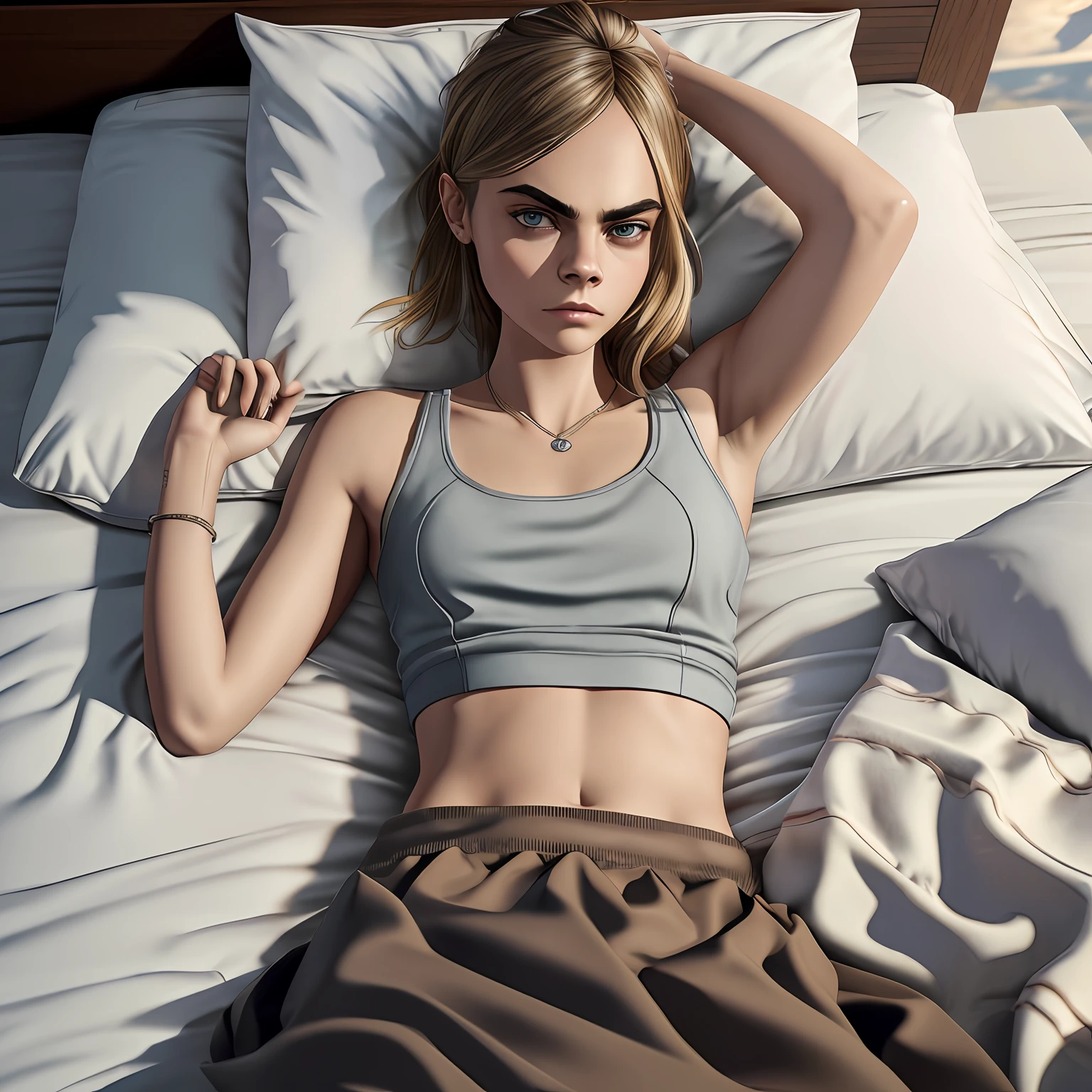 (cara delevingne: 4), (lying in bed: 1.5), (sleeping: 1.9), (eyes closed: 1.6), (tank top: 1.8), (skirt: 1.8), (groin: 1.7), (inguinal tendon: 1.5), collarbone, belly button, natural light, extremely detailed, 8yk, raw photo, high level of detail, (ray tracing), (masterpiece), (best quality), high resolution, (realistic: 1.4), physically based representation, ultra-realistic, full body --auto --s2