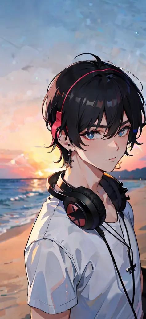 (4k) sunny beach background, beautiful, man with black hair, bangs, headphones on neck, black cross dangle earrings, wearing a white shirt, pupils sparkling