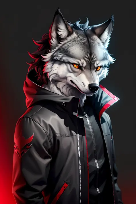 (high quality) (masterpiece) anthropomorphic gray wolf dark jacket body half facing viewer looking through black (masterpiece) (ultra details), red eyes anthropomorphic wolf anime style