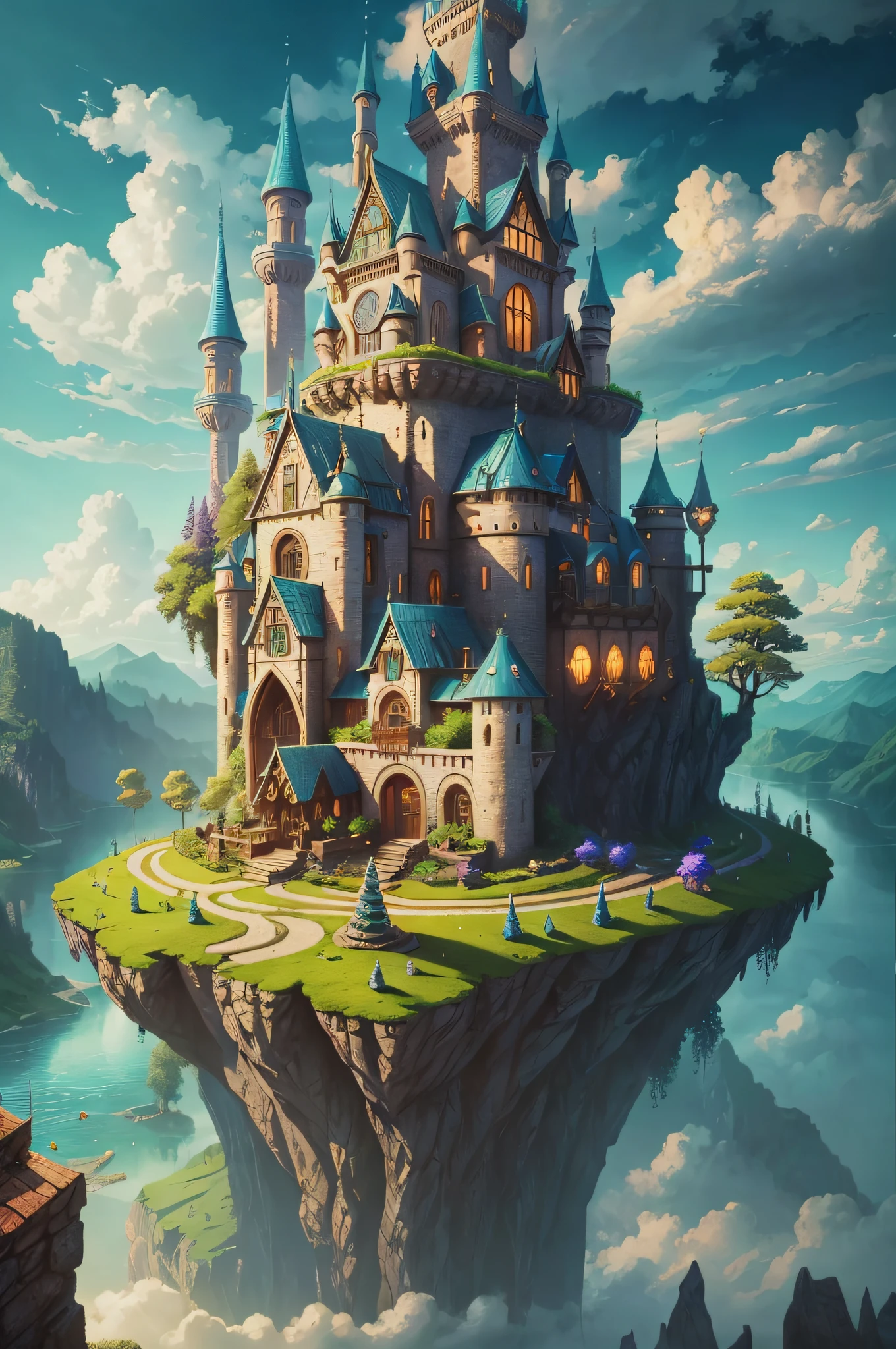 royaume des elfes, maison pleine de design, forêt, lac, ciel, des nuages, fantastique, sursaturé, surréaliste, style pixar, Haute résolution, artgerme, chef-d&#39;œuvre, Super détaillé, composition épique, haute qualité, la plus haute qualité , 4k --v6