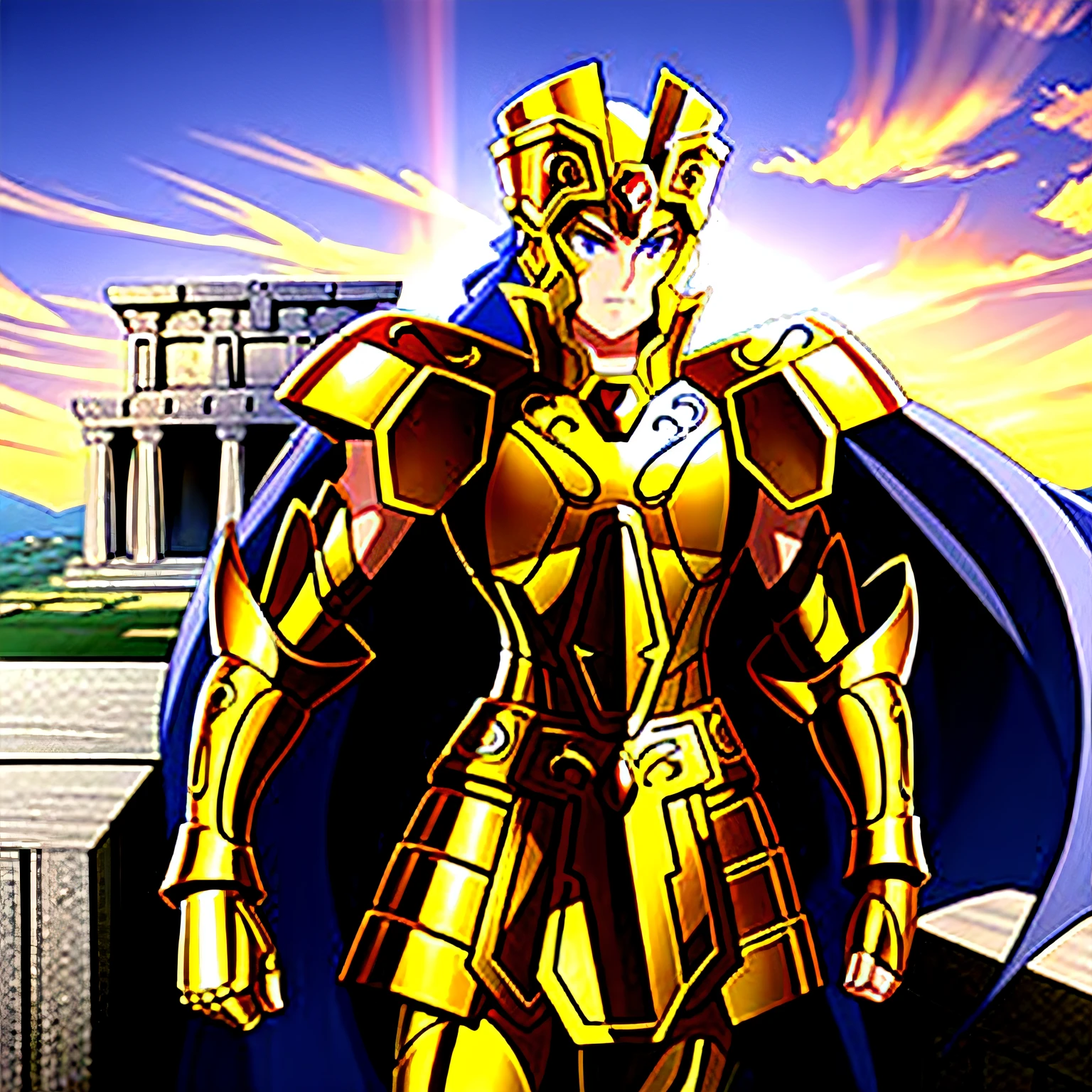 GeminiArmor, gold armor, Henry Cavil as 1boy, armor, dramatic sky, looking at viewer, armor, closed mouth, upper body, serious, helmet, on greek temple bridge, anime, full-body. walking  towards the viewer, boots