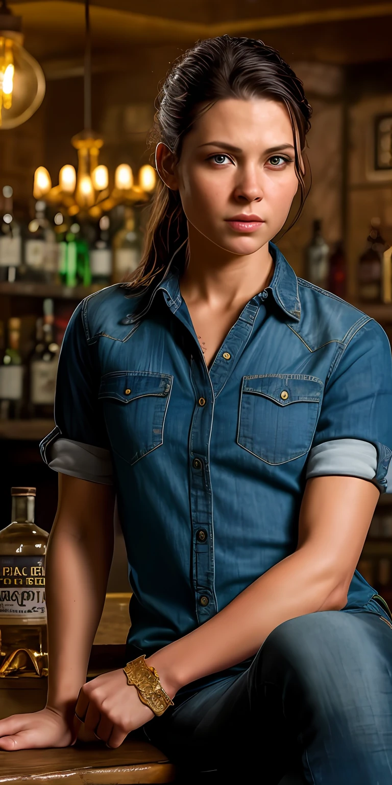 Linda (ErinNobodySD15) western RPG character brunette hair combed up button-down shirt in a canteen bar sitting bottles of tequila liquor, Lighting-Gold (dark and gloomy environment: 1.2) (masterpiece: 1.2) (photorealistic: 1.2) (bokeh) (best quality) (detailed skin:1.2) (intricate details) (Clutter-Home) (8k) (HDR) (cinematic lighting) (sharp focus)