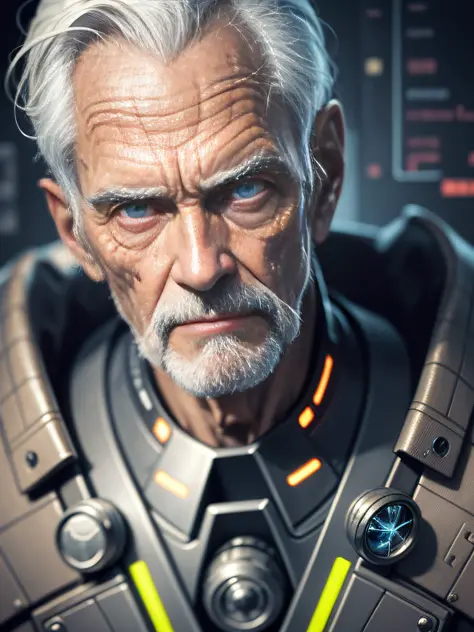 an old man cyborg painting a portrait of himself, latin 80 years old man, long legs, cyborg, neon suit, science fiction, full length, detailed eyes, hyperdetailed face, complex, symmetrical face, sharp focus, close-up, textured, looking into the camera, sc...