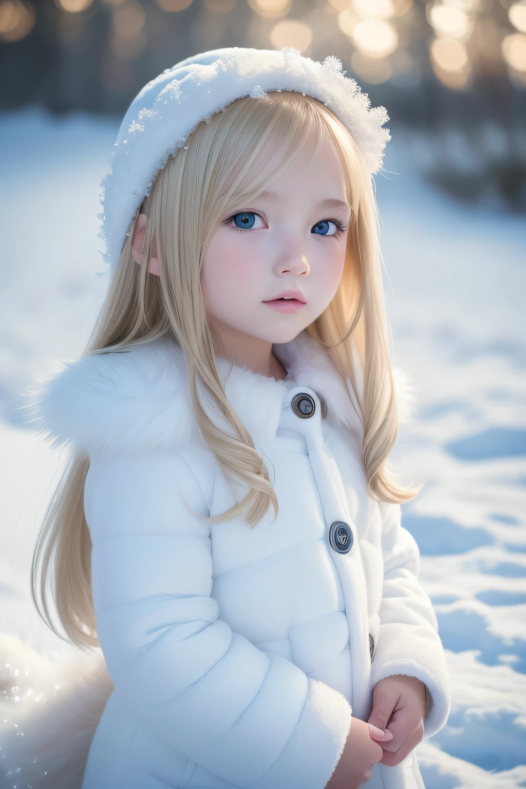 straight blonde hair child girl, angel wings (rough photo: 1.2), (photorealistic: 1.4), (best quality: 1.4), (ultra highres: 1.2), (highly detailed: 1.3), (HDR: 1.2), (cinematic lighting: 1.3), (detailed eyes), (detailed facial features), (detailed fur), (snowy background: 1.2), , (body portrait 3/4: 1.2), (fluffy tail: 1.2), (soft fur: 1.2), (adorable:1.2), (looking at the viewer), (innocent expression), (soft lighting),  (dreamlike), (fantasy:1.3), (ethereal:1.3), (magical:1.2), (snowflakes: 1.2), (winter wonderland:1.3), (capricious:1.2), (funny:1.2), (child:1.2), (blonde child:1.2)