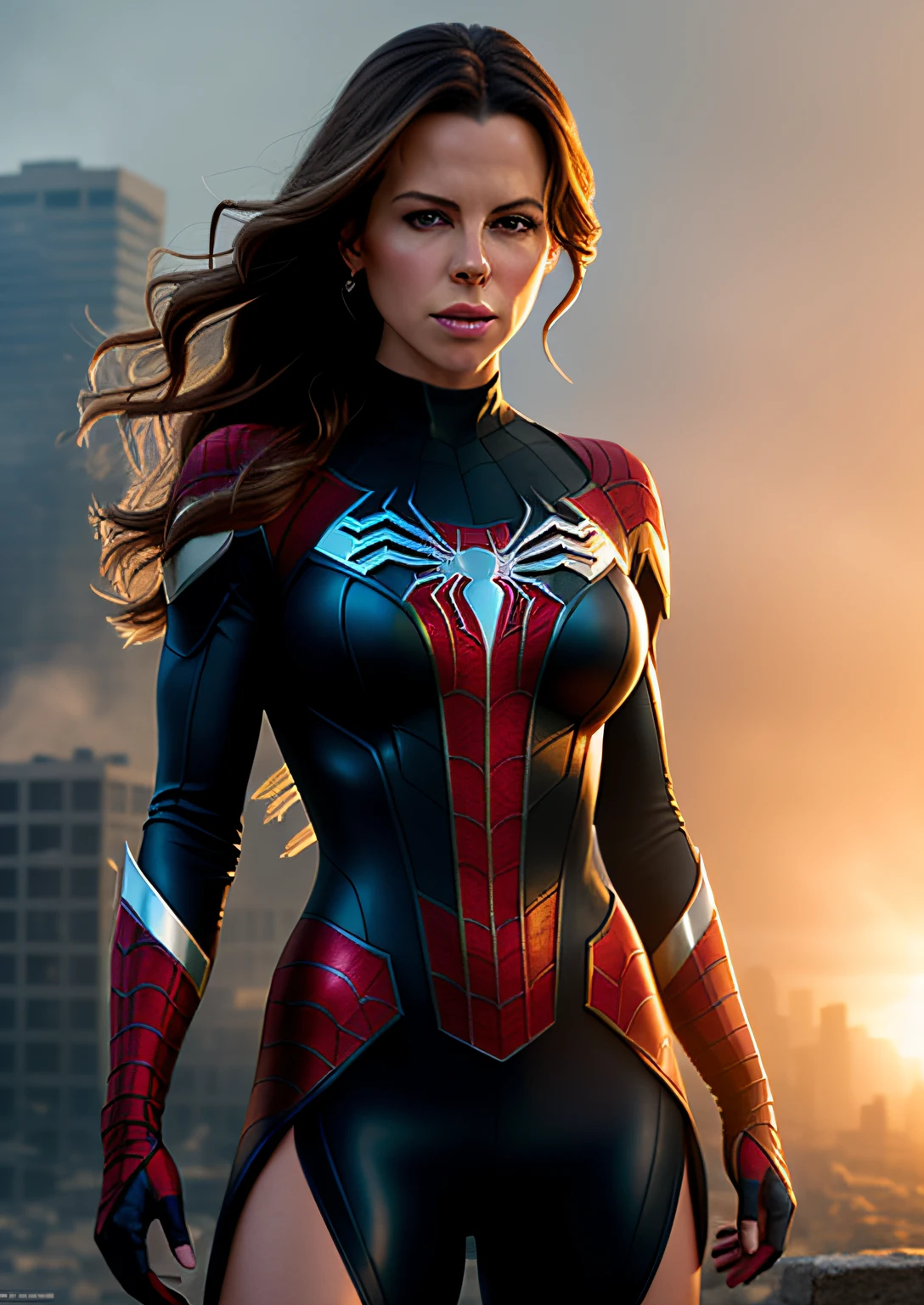 Kate Beckinsale in detailed white Spider-Man costume, photo of sassy woman with angry look, large breasts, superhero pose, standing in ruined city at sunset, hyperdetailed, smoke, sparks, sunlight, (8k), realistic, symmetrical, award winning, cinematic lightning, soaked, film, 75mm, scratches, full body shot, close-up, torn and dirty clothes, detailed face,