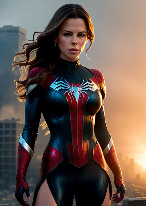 Kate Beckinsale in detailed white Spider-Man costume, photo of sassy woman with angry look, large breasts, superhero pose, standing in ruined city at sunset, hyperdetailed, smoke, sparks, sunlight, (8k), realistic, symmetrical, award winning, cinematic lig...