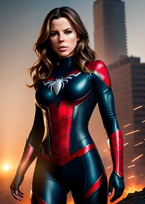 Kate Beckinsale in detailed white Spider-Man costume, photo of sassy woman with angry look, large breasts, superhero pose, standing in ruined city at sunset, hyperdetailed, smoke, sparks, sunlight, (8k), realistic, symmetrical, award winning, cinematic lig...