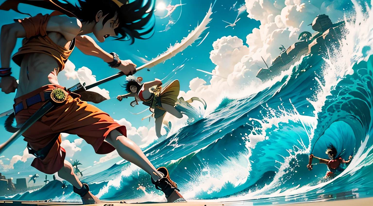 Anime characters are running on the beach with a giant wave - SeaArt AI