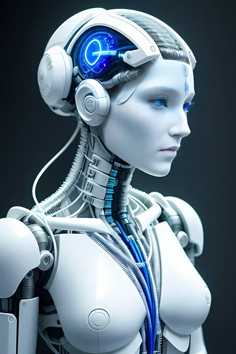 electronic system on head humanoid |cyborg woman| with a visible detailed brain| with a visible detailed heart| muscles cable wires| biopunk| cybernetic| cyberpunk| white marble bust| canon m50| 100mm| sharp focus| smooth| hyperrealism| highly detailed| in...