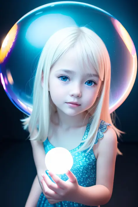 straight blonde hair child girl, plasma ball in hands. (raw photo: 1.2), (photorealistic: 1.4), (best quality: 1.4), (ultra high...