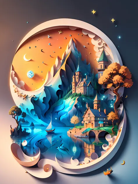 (((masterpiece))),best quality, illustration,  sky, cloud, water, star \(symbol\), tree, no humans, night, bird, moon, building, star \(sky\), night sky, scenery, starry sky, watercraft, castle, ship, waves, tower, boat. vibrant color scheme, Soft light,(warm color:1.2),Water color painting, light background, best quality exquisite details,3d rendering,Octane render, pastel, paper_cut