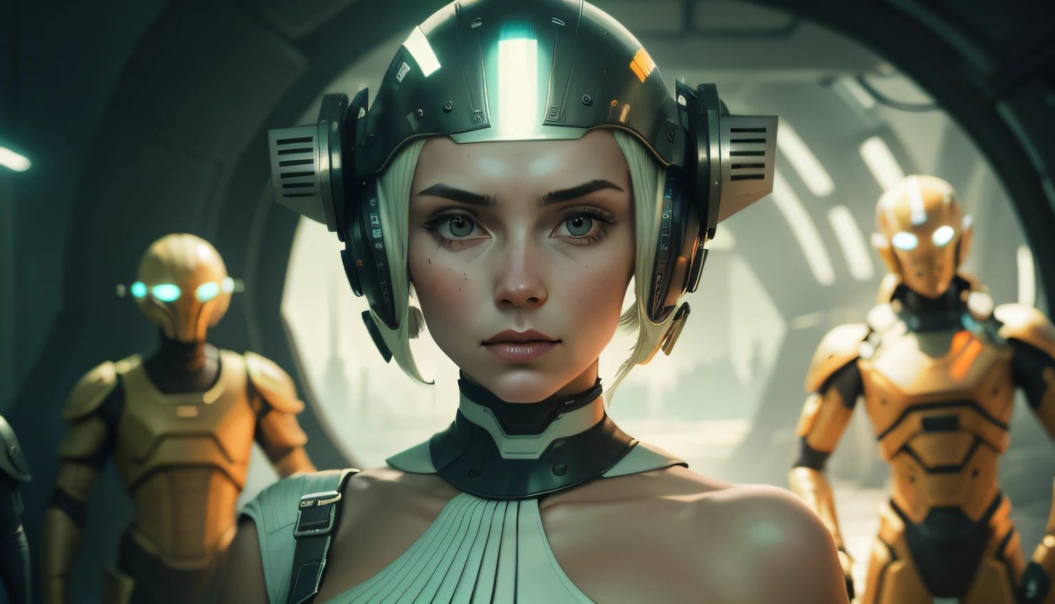 a woman wearing a helmet standing in front of a group of humanoids, a character portrait by Nína Tryggvadóttir, cgsociety, retrofuturism, reimagined by industrial light and magic, sci-fi, futuristic