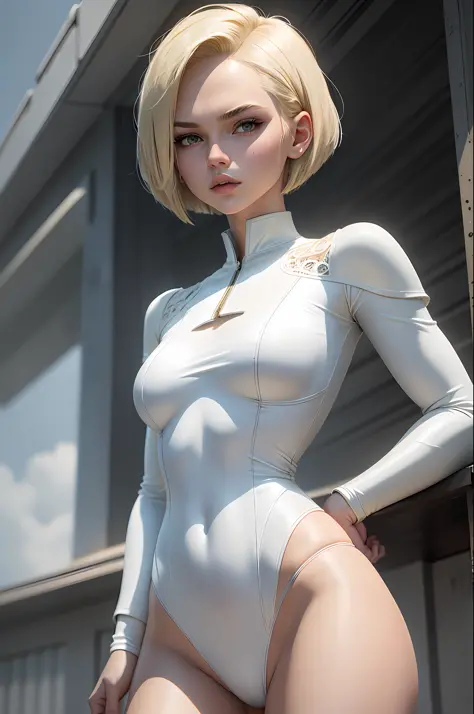 Android 18 , 18 yo girl, white suit, short blunt hair, blonde, bobcut , beautiful face, rain, roof, masterpiece, intricate detail, perfect anatomy