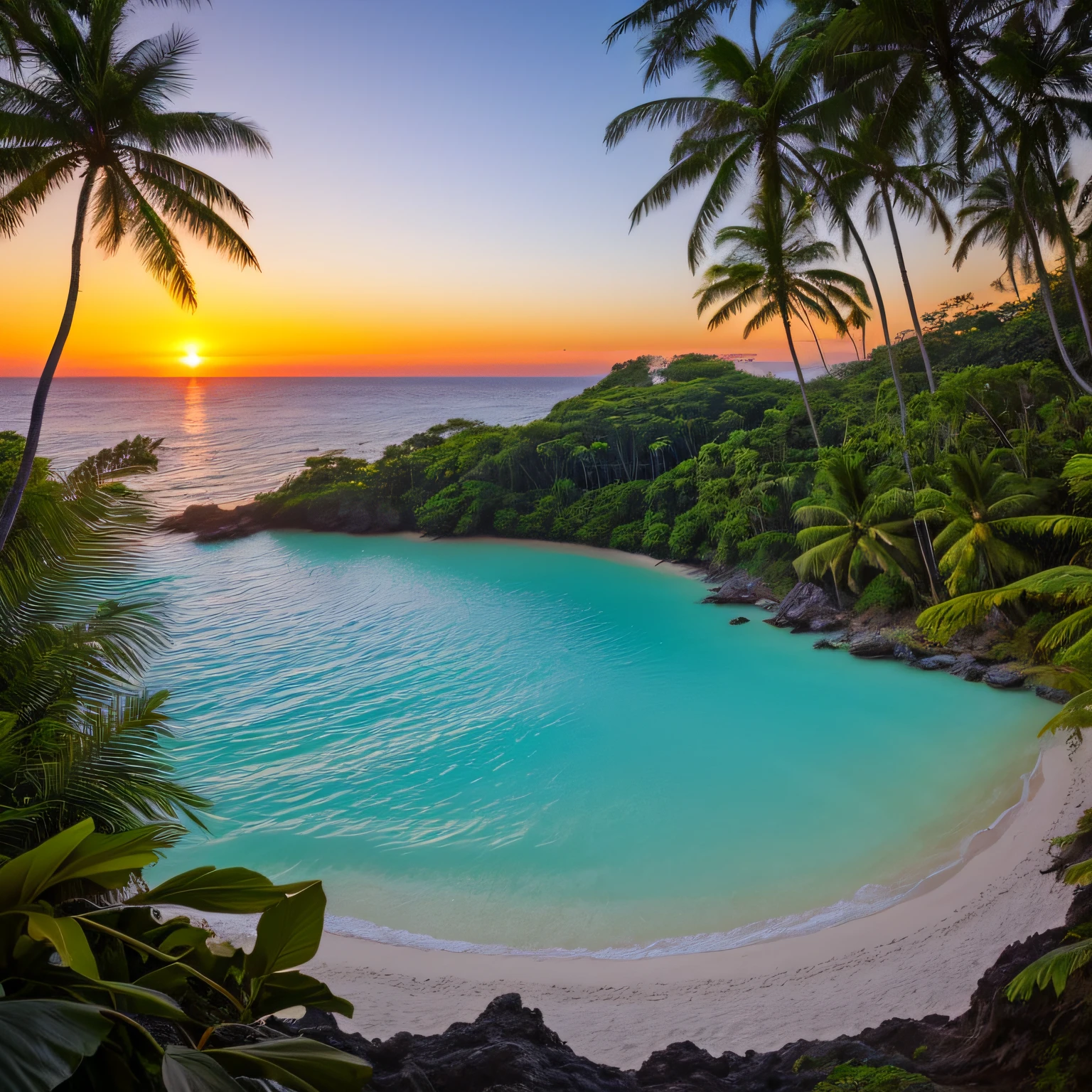 A view of a beach with palm trees and a blue lagoon - SeaArt AI