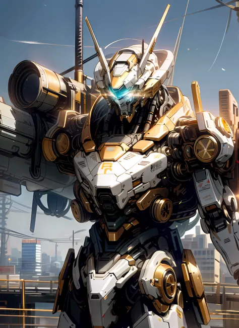 A robot with Glowing Eyes builds a weapon under a bright sky. There is a science fiction atmosphere that envelops the realistic backdrop of the city. A divine golden mech.