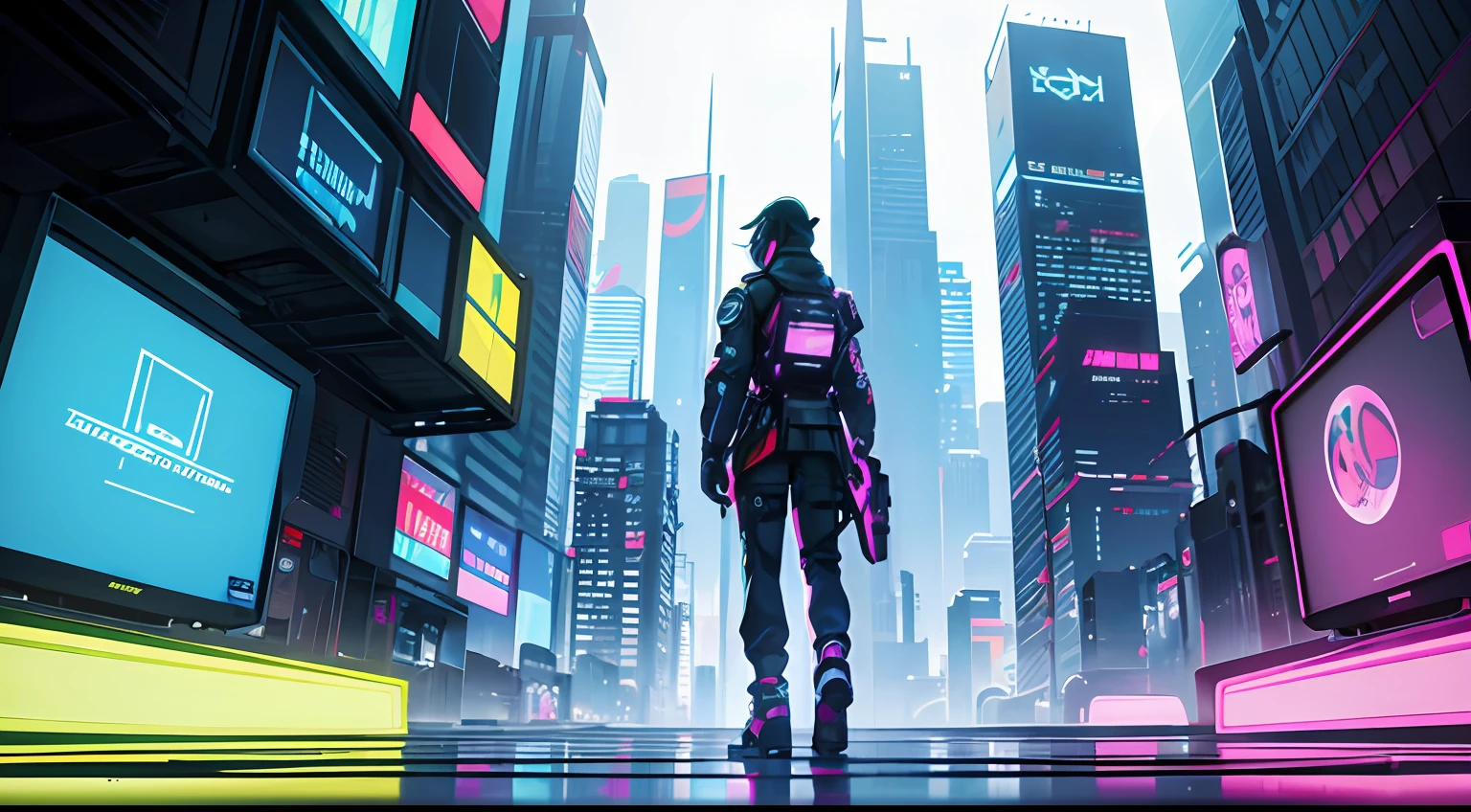 ((Meilleure qualité)), ((chef-d&#39;œuvre)), (détaillé),Créez une œuvre d&#39;art numérique inspirée de {esthétique cyberpunk} Et {jeux d&#39;arcade rétro}. Le sujet de l&#39;image est un {métropole futuriste} avec {panneaux d&#39;affichage holographiques}, {voitures volantes}, Et {individus cybernétiquement améliorés}. Le style artistique doit être une fusion de {pop Art} Et {art de pépin}, s'inspirant d'artistes comme {Syd Mead} Et {James Jean}. La prise de vue de la caméra peut être un {Contre-plongée dynamique}, capturing the towering skyscrapers Et the bustling streets from a unique perspective. Le type d&#39;objectif peut être {oeil de poisson} to create a distorted Et immersive view of the city. La palette de couleurs doit être {Très saturé} avec {Couleurs néon audacieuses} Et {problèmes numériques} pour évoquer un sentiment d'énergie futuriste. Faire attention à {formes géométriques} Et {reflets} pour rehausser l'atmosphère cyberpunk. The final artwork should immerse viewers in a vibrant Et technologically advanced urban lEtscape.