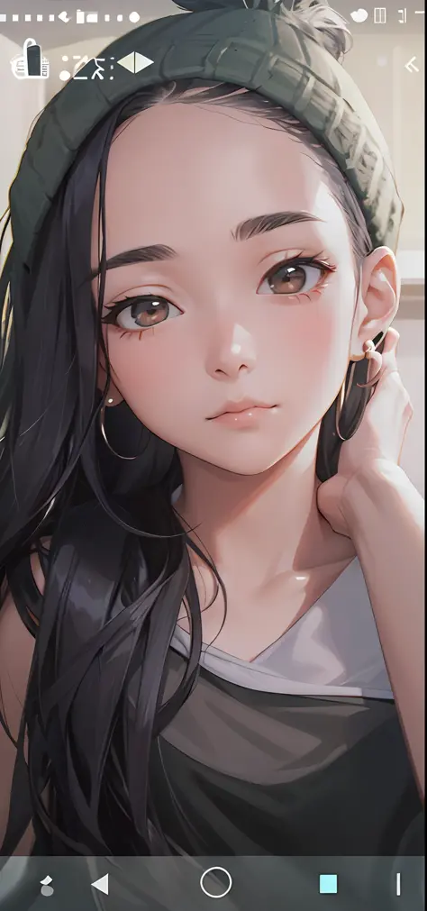 1girl, solo, long hair, black hair, written clothes, brown eyes, looking at the viewer, beanie, lips, upper body, closed mouth, shirt, earrings, https://i.postimg.cc/tCDfNDvp/Screenshot-20230606-212445.png