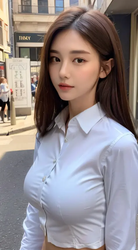 ((Best quality, 8k, Masterpiece :1.3)), Sharp focus :1.2, A pretty woman with perfect figure :1.4, Slender abs :1.2, ((Dark brown hair, Big breasts :1.2)), (White button up long shirt :1.1), City street:1.2, Highly detailed face and skin texture, Detailed ...
