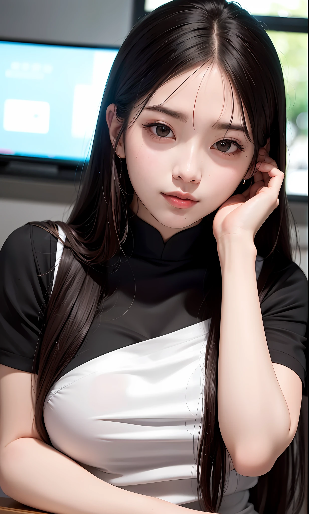 (8k, RAW photo, photorealistic:1.25) ,( Lip Gloss, eyelash, gloss-face, glossy skin, best quality, ultra highres, depth of field, chromatic aberration, caustics, Broad lighting, natural shading, Kpop idol) Looking at the audience, she is as happy as a goddess，High school classroom，Sailor Suit，mini skirt，Full body portrait