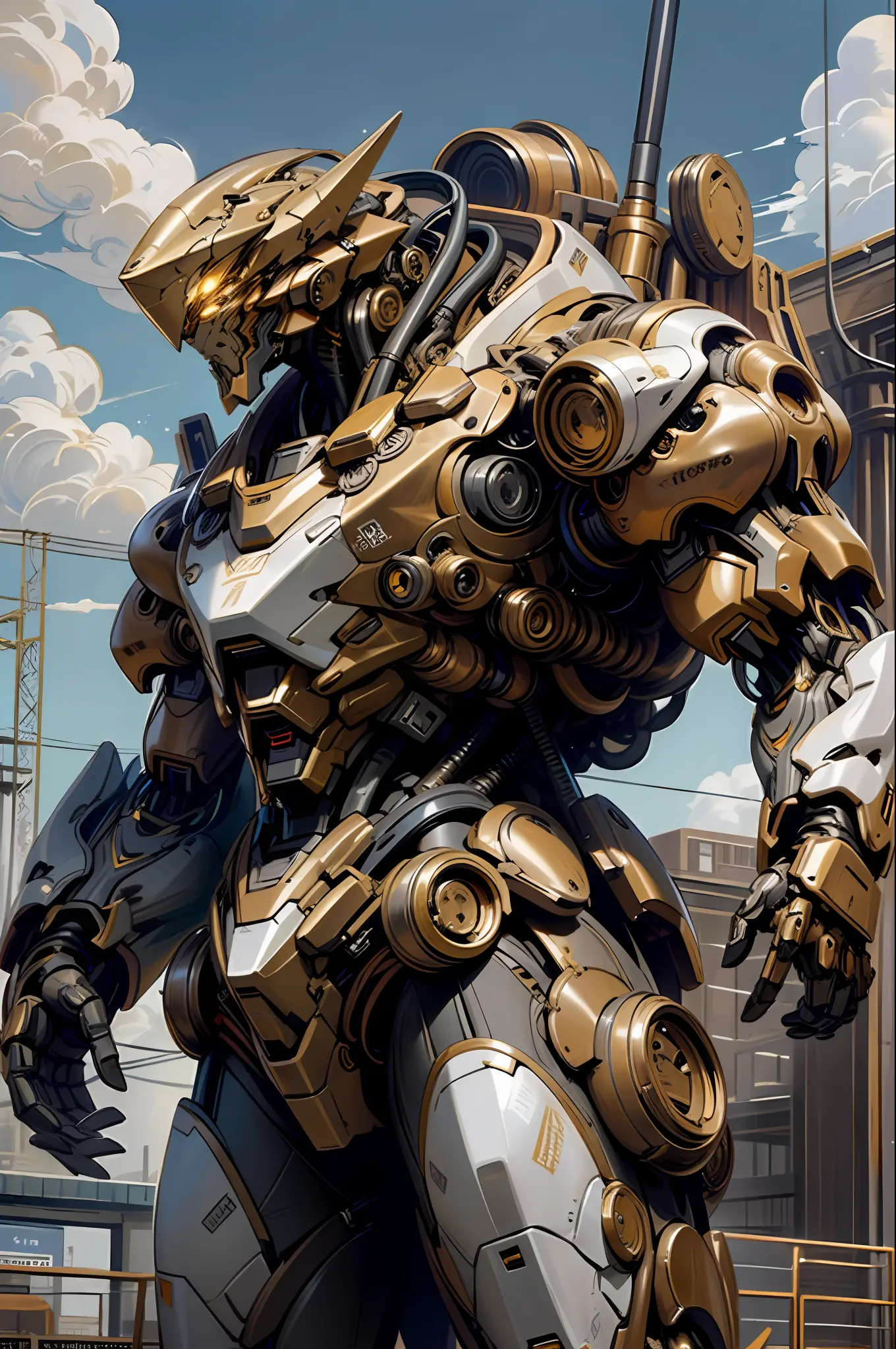 (Masterpiece, Best Quality: 1.3), Very Detailed, Complex, 8k, HDR, Sky, Clouds, Weapon, Glowing, Buildings, Glowing Eyes, Golden Mech, Science Fiction, Realistic, Golden Robot