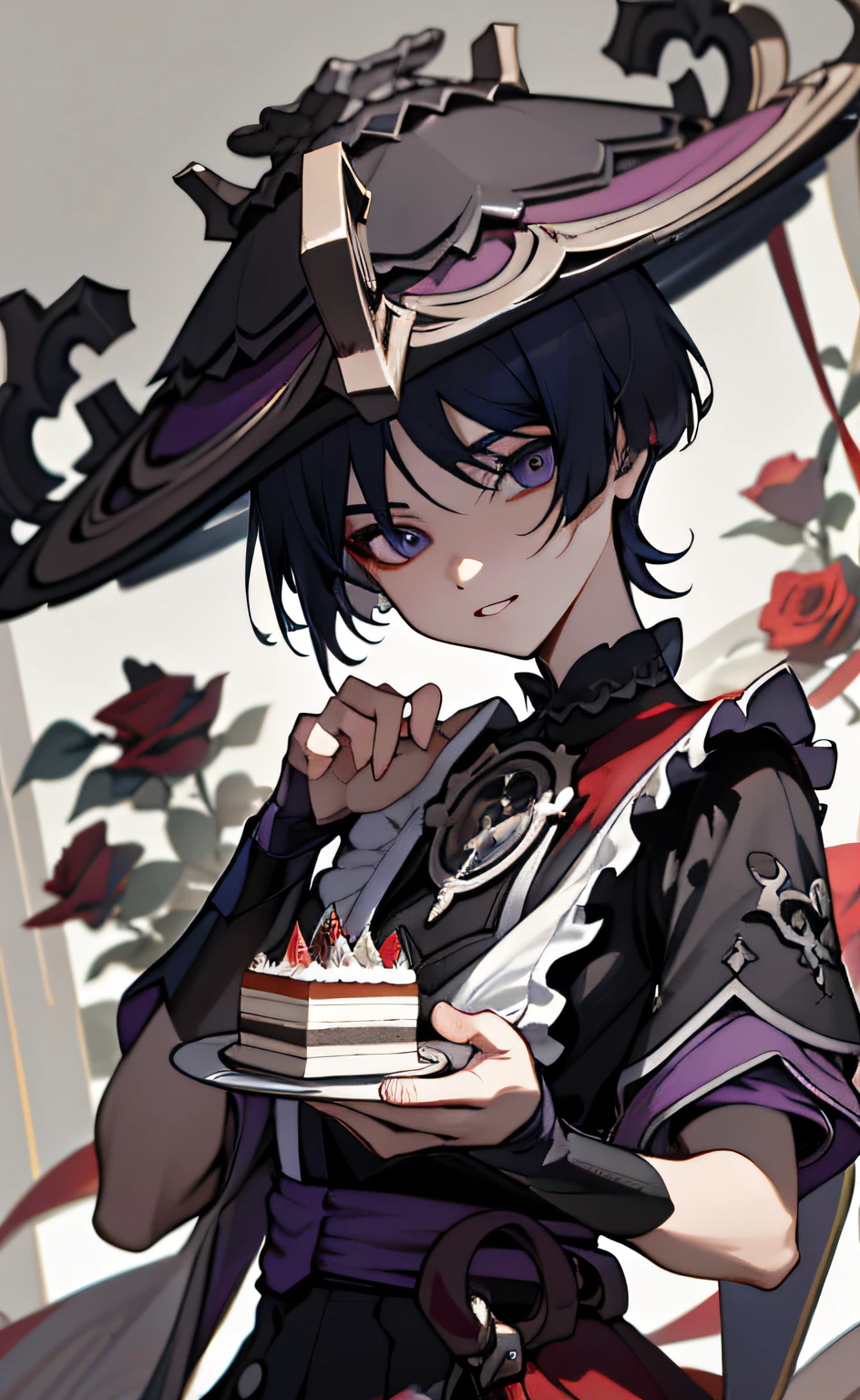 Anime - style image of a woman in a hat holding a plate of cake（scaramouche  (genshin impact)) - SeaArt AI