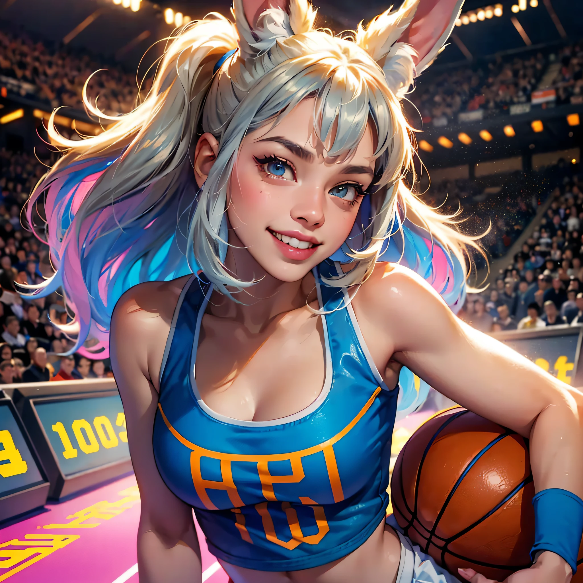 Lola, Lola bunny, 1fille, (bourdaine:1.2), seulement_se concentrer, quatre doigts, visage détaillé, mains détaillées, Yeux détaillés, texture de fourrure détaillée, pose neutre, peinture numérique, souriant, habillé, lumière cinématographique, couleurs vives, yeux complexes, (L’arrière-plan est un stade), (Le cadre est un jeu de basket-ball), Embouteillage spatial, --auto --s2