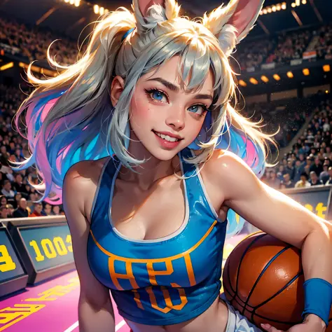 lola, lola bunny, 1girl, (bucktooth:1.2), solo_focus, four fingers, detailed face, detailed hands, detailed eyes, detailed fur texture, neutral pose, digital painting, smiling, clothed, cinematic light, vibrant colors, intricate eyes, (background is a stad...