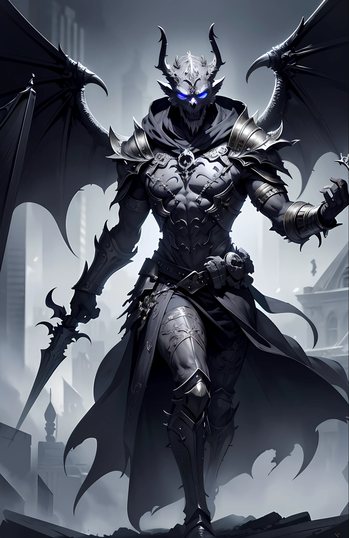 (extremely detailed 8k wallpaper), a full-body photo of a fearsome undead grey gargoyle necromancer holds in his left hand a mace with a skull and in his right hand he holds a shield, 2 wings, intricate, high detail, dramatic,larger than a building