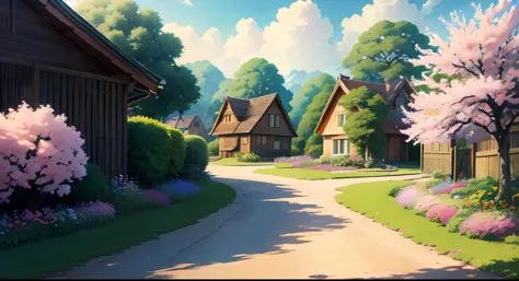 masterpiece,best quality,official art,extremely detailed CG unity 8k wallpaper,outdoors, animal, spring \(season\), cloudy sky,studio ghibli, garden,village,