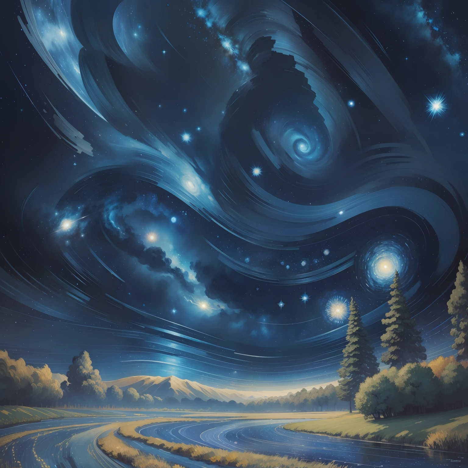 梵高风格的梵高星空, 璀璨闪烁的星星, 整个画面以深蓝色为主, 星云和恒星与太空交织在一起, 气氛浪漫而梦幻, 具有强烈的现代风格.