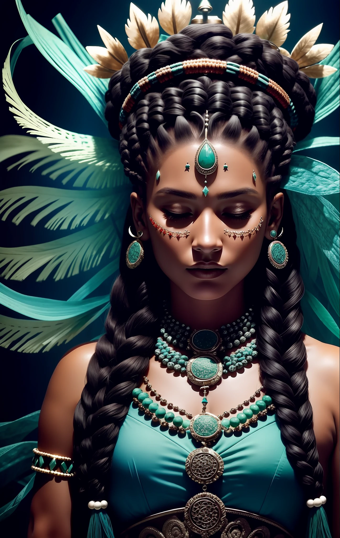 (full portrait), (mid-plane), solo, detailed background, detailed face, (stonepunkAI, stone theme: 1.1), wise, (female), (native Brazilian indigenous), (beautiful hair, braids: 0.2), shaman, piercing septum, mystic, (gorgeous face), dazzling, head tilted upwards, (eyes closed, serene expression), calm, meditating, Seafoam Green shredded clothes, prayer beads, tribal jewelry, feathers in hair, headdress:0.33,  jade, obsidian, detailed clothing, neckline, realistic skin texture, (floating particles, water swirl, embers, ritual, whirlpool, wind: 1.2), sharp focus, volumetric lighting, good highlights, good shading, subsurface dispersion, intricate, highly detailed, ((cinematic), dramatic, (high quality, award-winning, masterpiece: 1.5), (photorealistic: 1.5), (intricate symmetrical war painting: 0.5),