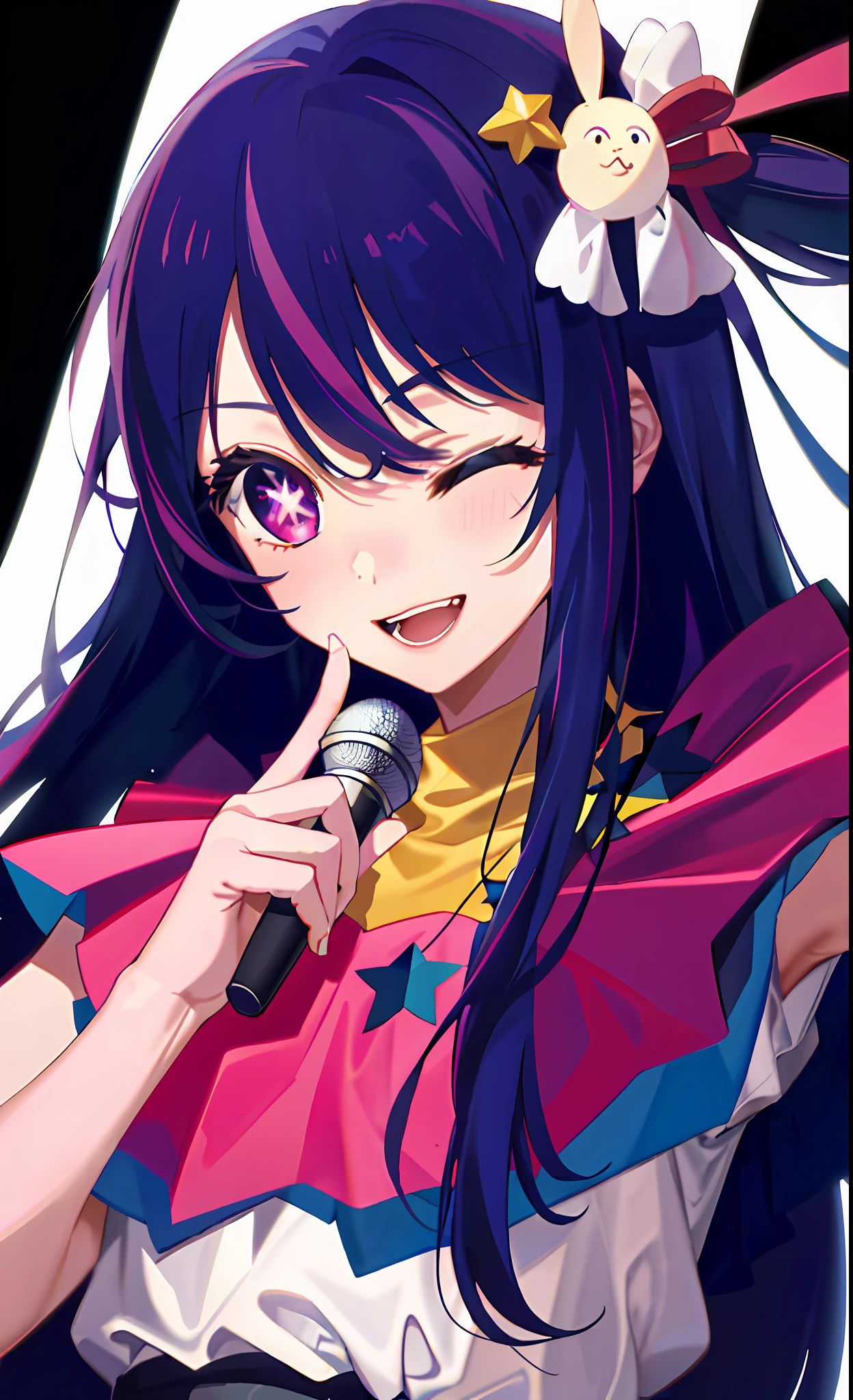 (best quality:1.4, masterpiece, 4k, details), Hoshino Ai, long hair, purple hair, streaked hair ,purple eyes, star-shaped pupils, hair ornament, on stage, smile, right hand pointing at camera, one eye closed, holding a mic with the left hand,close up shot, extremely detailed eyes, glowing eyes, highest quality digital art, Stunning art, wallpaper 4k